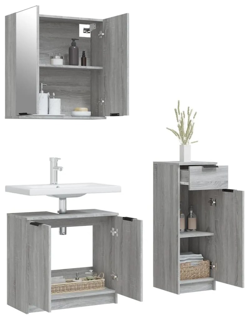 Set mobili da bagno 3 pz grigio sonoma in legno multistrato