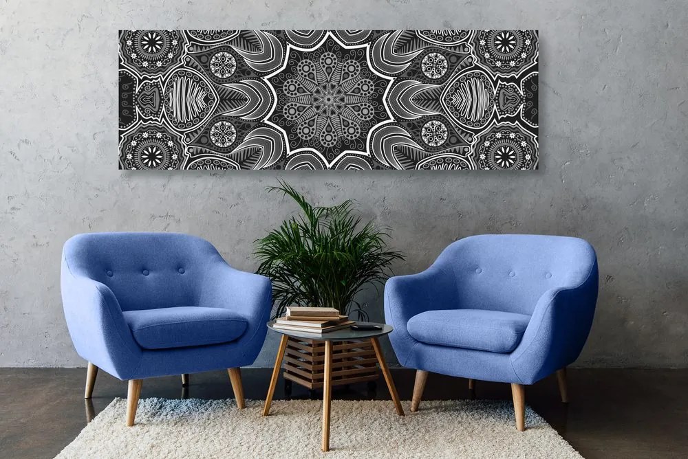 Quadro su tela – Mandala indiana con motivo floreale in bianco e nero