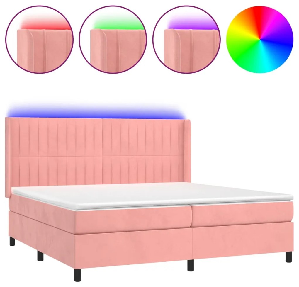 Letto a molle con materasso e led rosa 200x200 cm in velluto