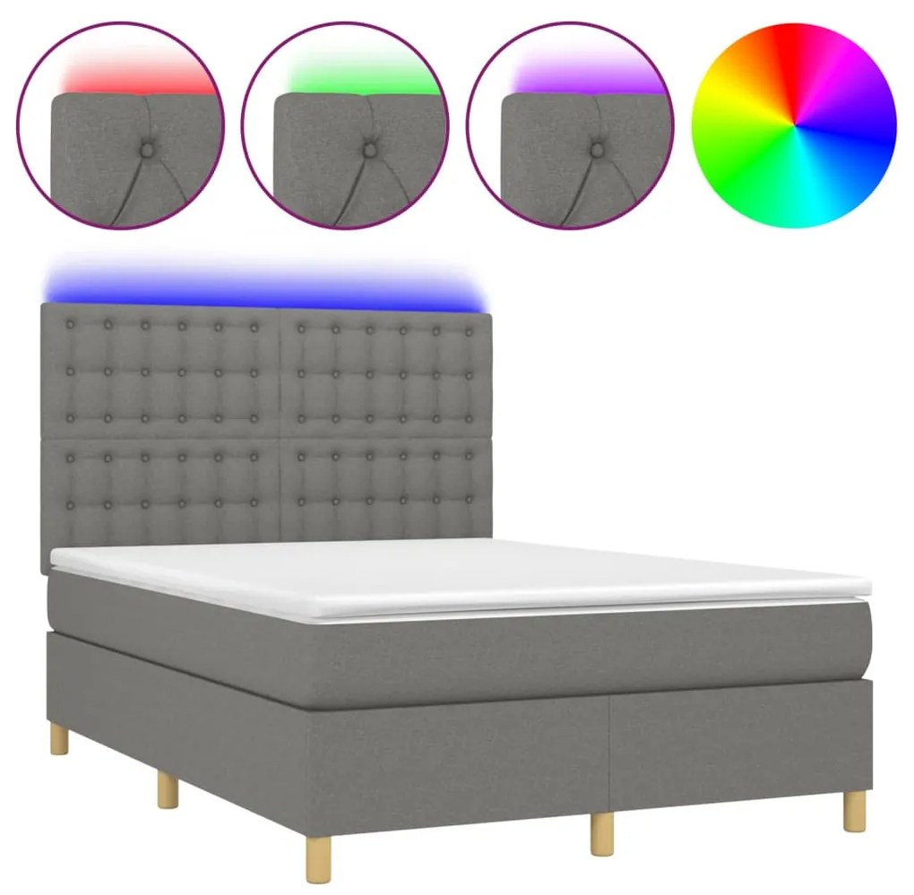 Letto a molle materasso e led grigio scuro 140x200cm in tessuto