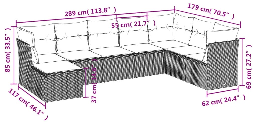 Set divano da giardino 8pz con cuscini grigio chiaro polyrattan