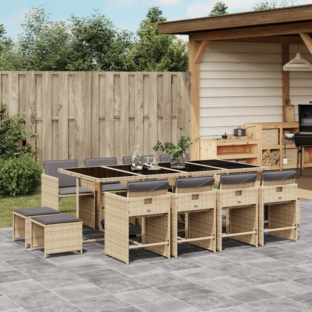 Set pranzo da giardino 13 pz con cuscini beige misto polyrattan