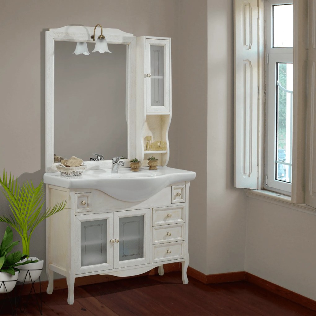 Mobile Bagno a Terra 85 Cm Due Ante Tre Cassettini Specchio Con Lampada Led 75x100 Cm Esseci Arredo Bagno "Daiana"