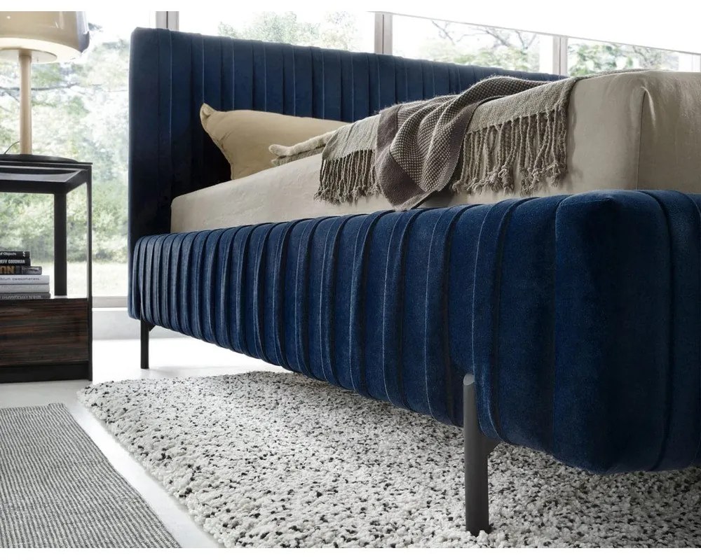 Letto matrimoniale imbottito blu scuro con contenitore e rete inclusi 140x200 cm Plissa – ELTAP