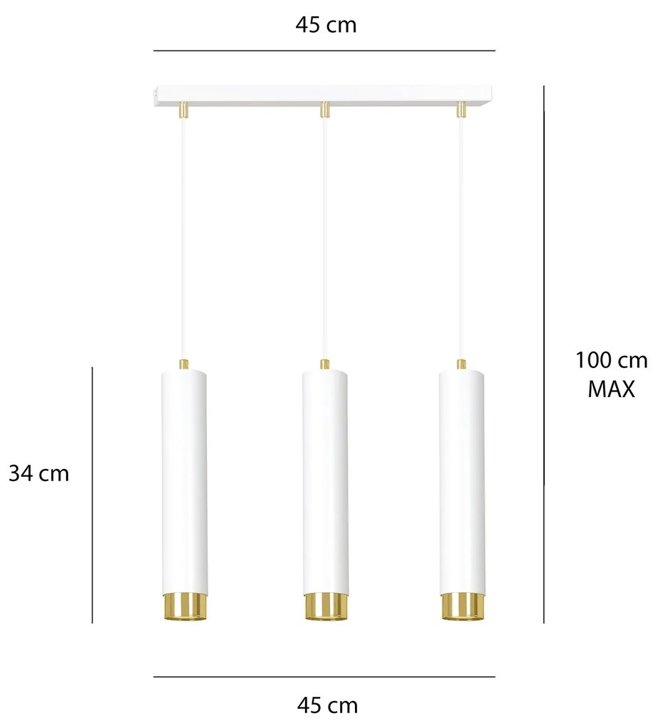 Lampadario 3 Luci Kibo In Acciaio Bianco E Tubolari In Bianco E Oro