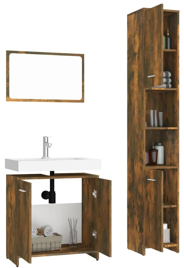 Set mobili da bagno 3 pz rovere fumo in legno multistrato