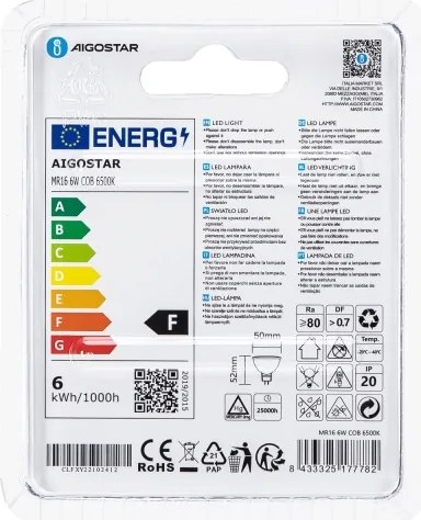 Lampadina LED MR16 GU5,3/6W/12V 6500K - Aigostar