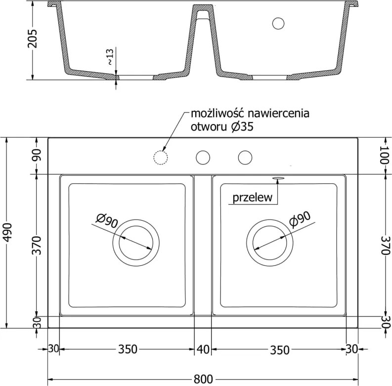 Mexen Hektor lavello in granito a 2 vasche 800 x 480 mm, bianco, sifone cromato - 6521802000-20