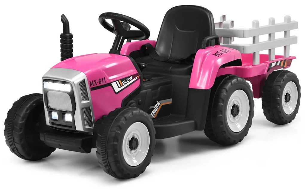 Costway Trattore con rimorchio 12 V per bambini, Giocattolo elettrico con 3 marce luci LED musica clacson, Rosa