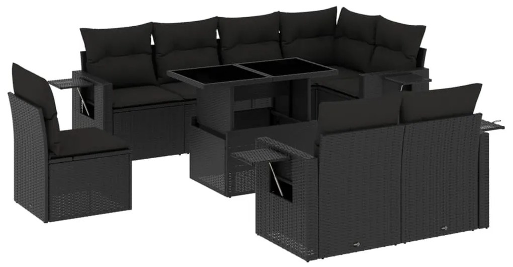 Set divani da giardino 9 pz con cuscini nero in polyrattan