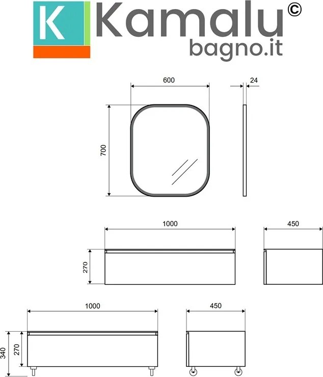 Composizione bagno con mobile a rotelle e mobile sospeso 100 cm | KAM-KK1002 - KAMALU