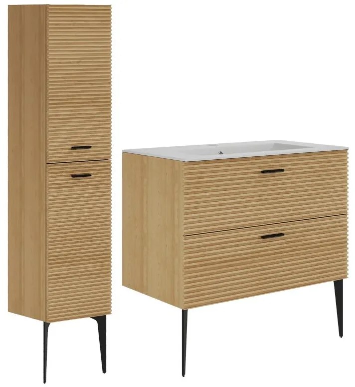 Mobile bagno striato con piedini con lavabo da incasso e colonna - 2 cassetti - Naturale chiaro - 80 cm - SARONE