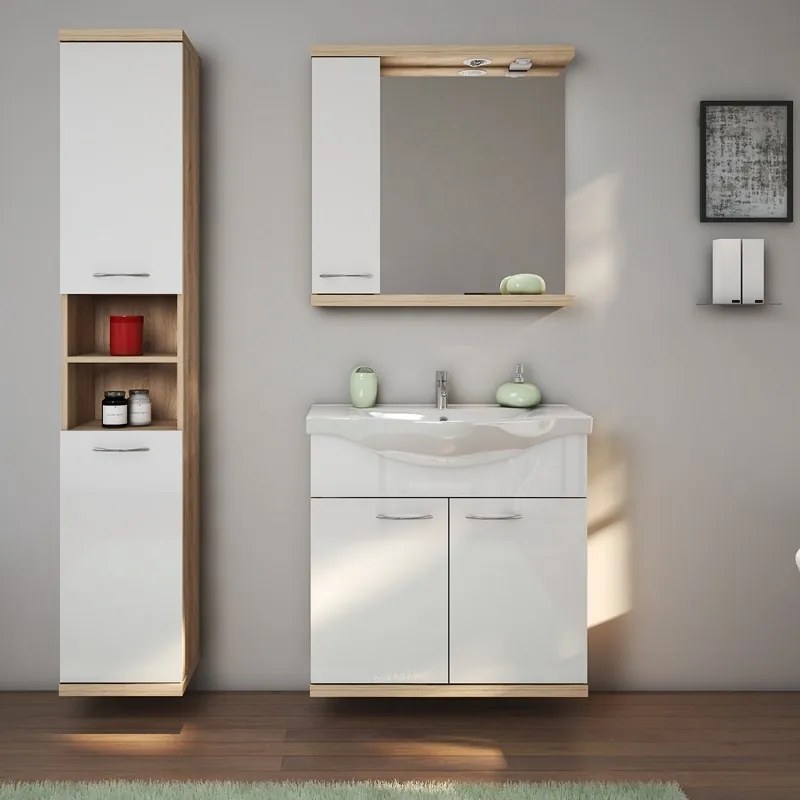 Kamalu - Composizione bagno a terra o sospesa 80 cm bicolore bianco e legno chiaro | LAC ESTIA-80