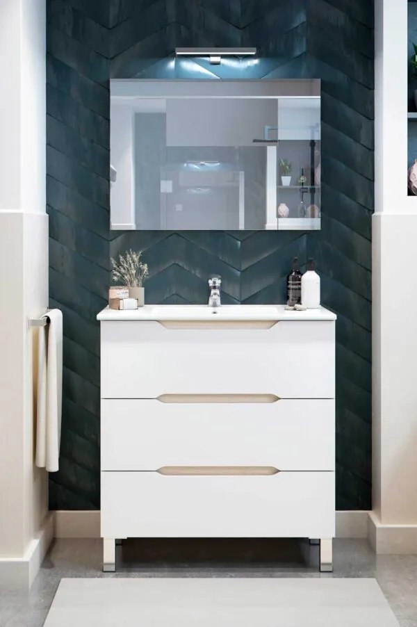 Mobile da bagno Lea 80x45x86h Bianco Lucido e Rovere con 3 Cassetti e Lavello in Ceramica