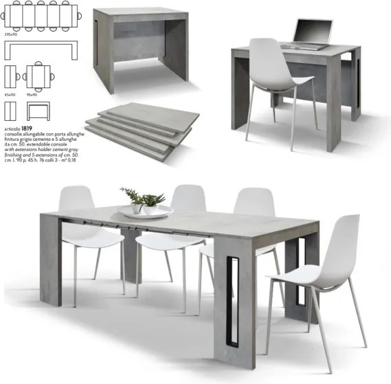 Consolle LUMIX 90x45 cm allungabile 5 all. in legno cemento salvaspazio