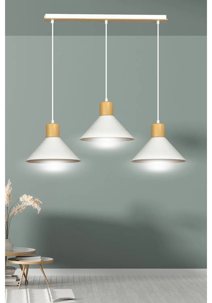 Sospensione Nordica 3 Luci Chandra In Acciaio Bianco E Legno