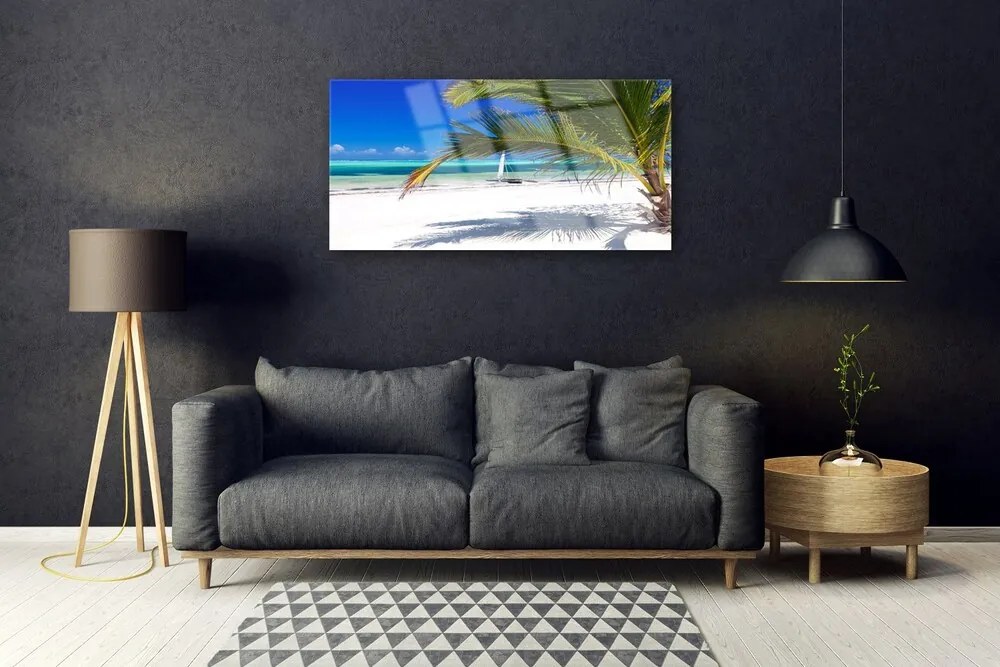 Quadro in vetro Spiaggia Palma Paesaggio 100x50 cm 2 appendini