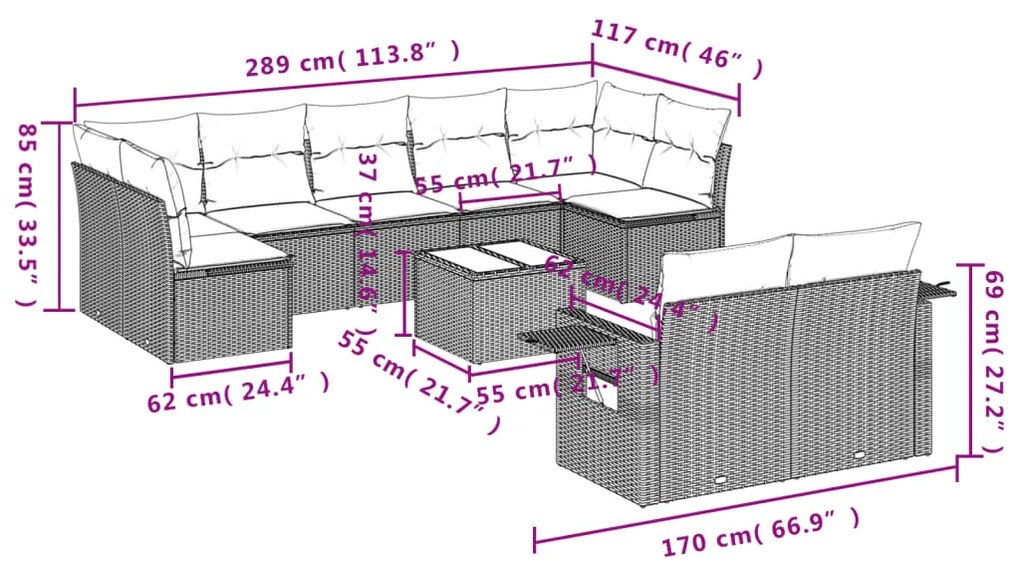 Set divano giardino 10 pz con cuscini grigio chiaro polyrattan