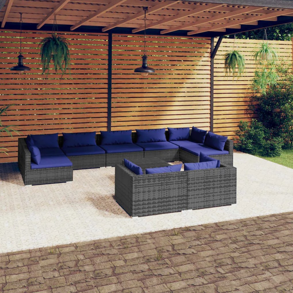 Set Divani da Giardino 10 pz con Cuscini in Polyrattan Grigio