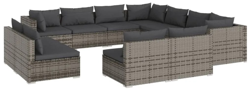 Set divani da giardino 11 pz con cuscini in polyrattan grigio