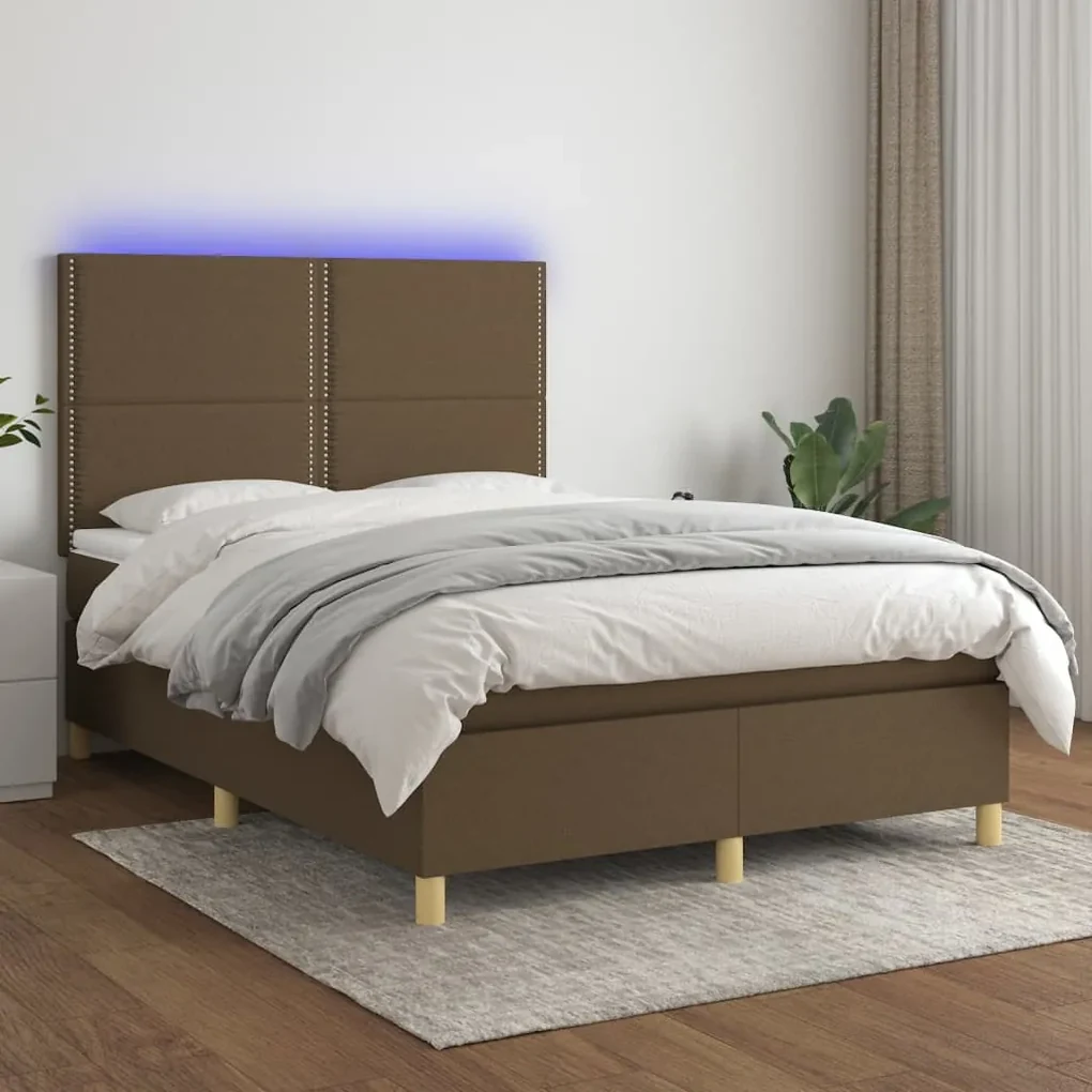 Letto a molle materasso e led marrone scuro 140x200 cm tessuto