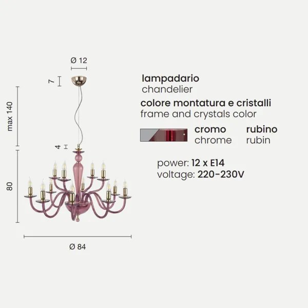 Lampada a sospensione PAGANINI a 12 LUCI in vetro lavorato a mano D84 cm RUBINO