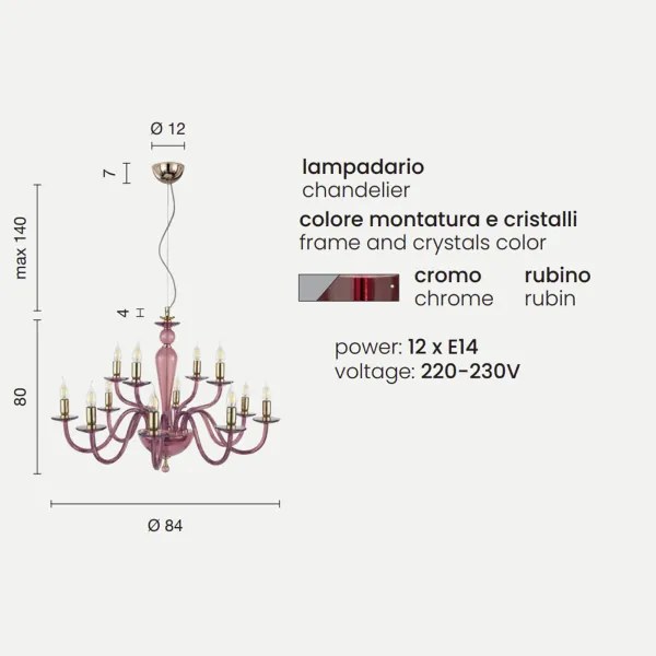 Lampada a sospensione PAGANINI a 12 LUCI in vetro lavorato a mano RUBINO