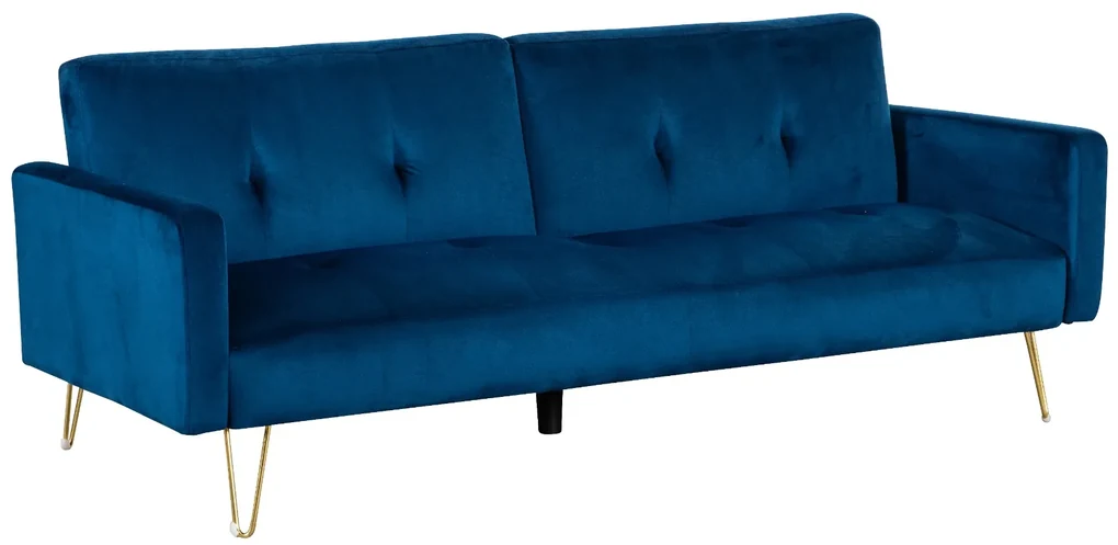 Divano letto 3 posti 198x77x92 in tessuto blu velvet e gambe oro - Sofia