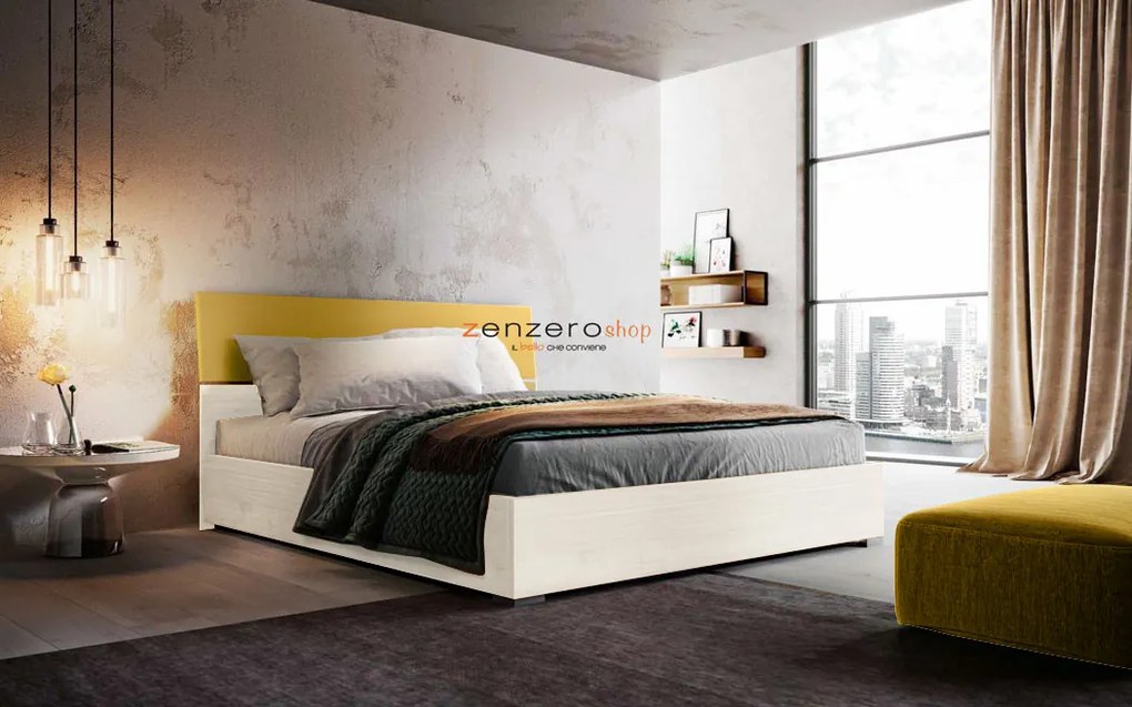 Letto matrimoniale Metiz con contenitore, finitura Giallo grano e Larice Bianco
