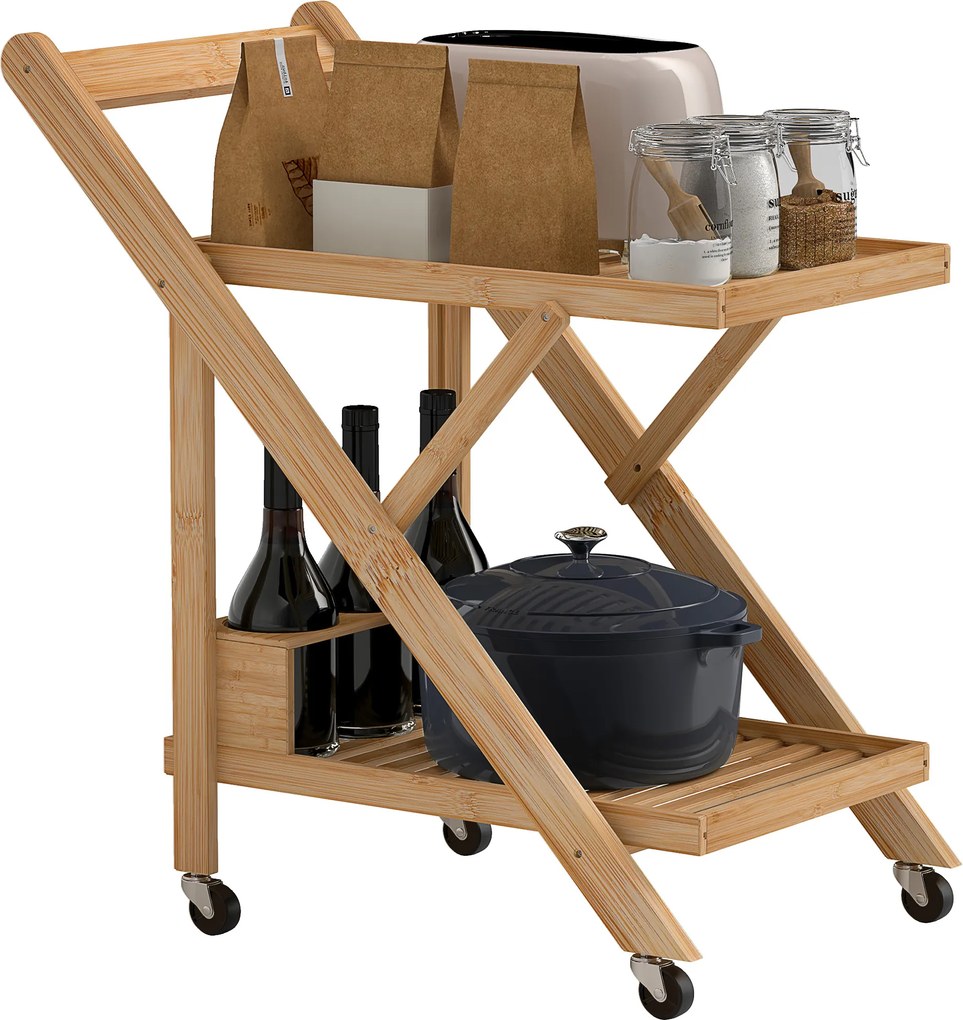 Carrello da Cucina Portavivande Pieghevole 66x40x70 cm a 2 Livelli con Portabottiglie in Legno di Bambù...