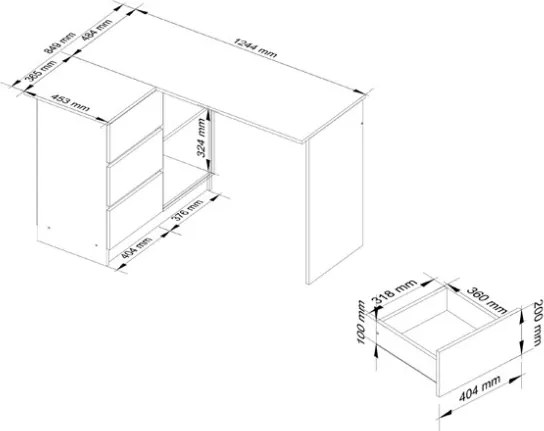 Scrivania Angolare 124 Cm 3 Cassetti Sinistra Bianco Opaco Artika