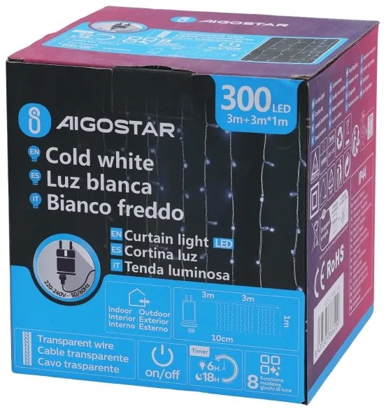 Aigostar - Catena luminosa natalizia LED per esterni 300xLED/6W/230V/8 funzioni 3x1m IP44 bianco freddo+telecomando
