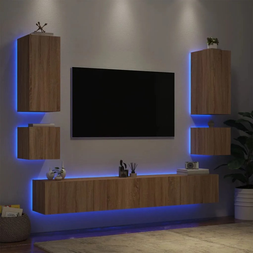 Mobili Tv A Muro 6pz Con Luci Led Rovere Sonoma /