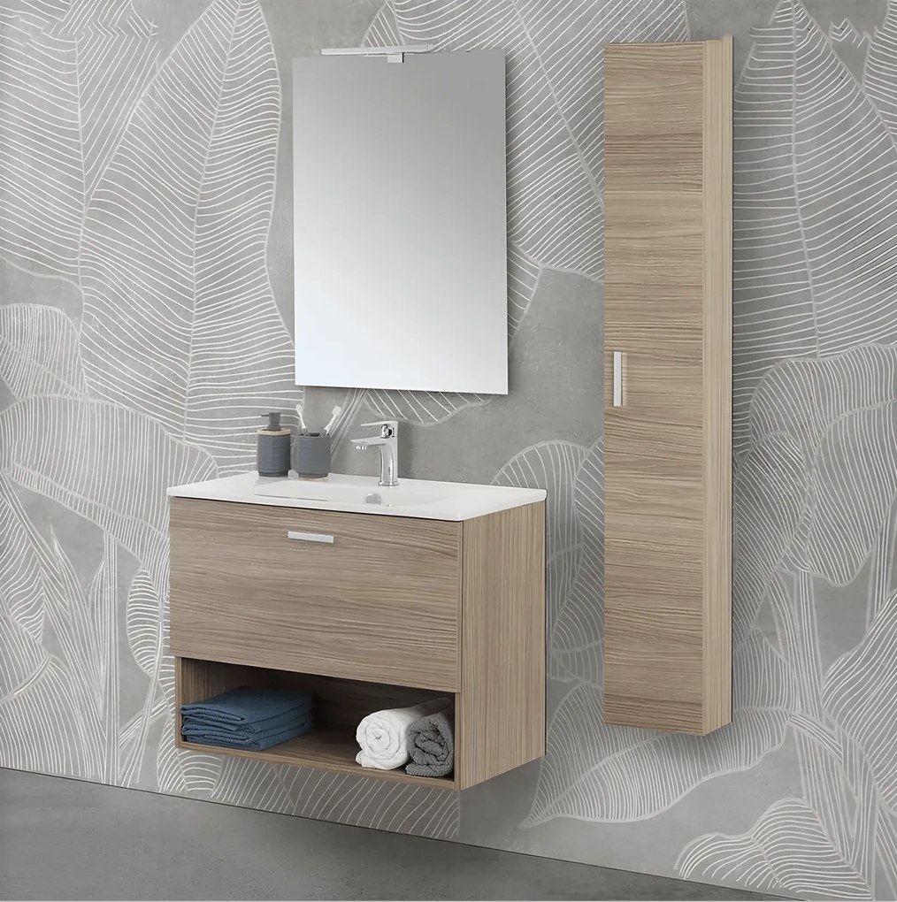 Mobile Bagno Sospeso 80 Cm Un Cassetto Vano a Giorno Specchio Con Lampada Led 62x78,5 Cm Feridras "Greta" Rovere Tropea