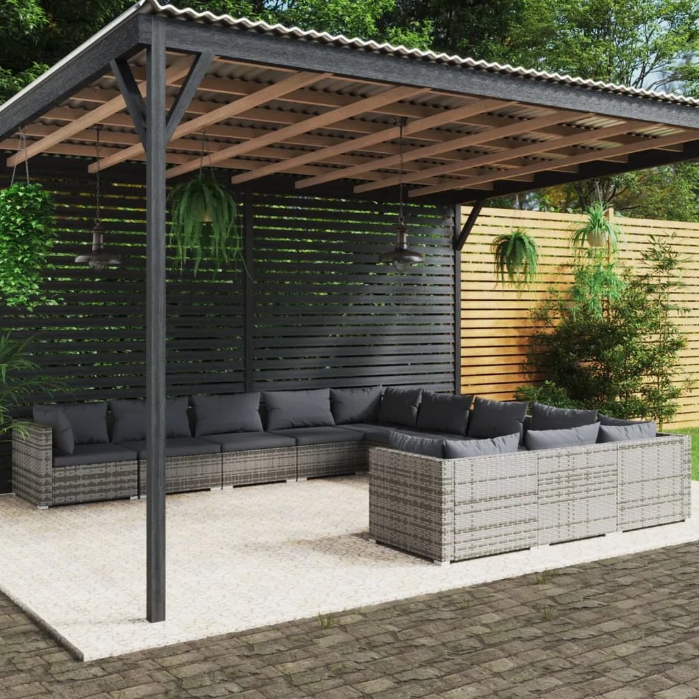 Set Divani da Giardino 11 pz con Cuscini in Polyrattan Grigio