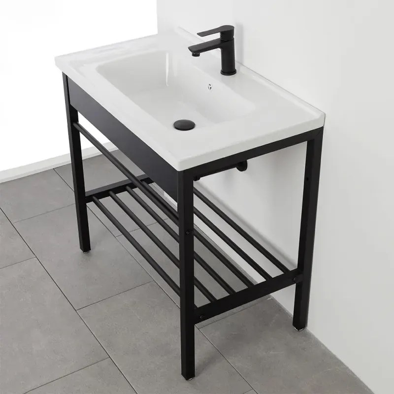 Mobile bagno nero 60x47 Borg a pavimento con lavabo struttura in metallo e specchio