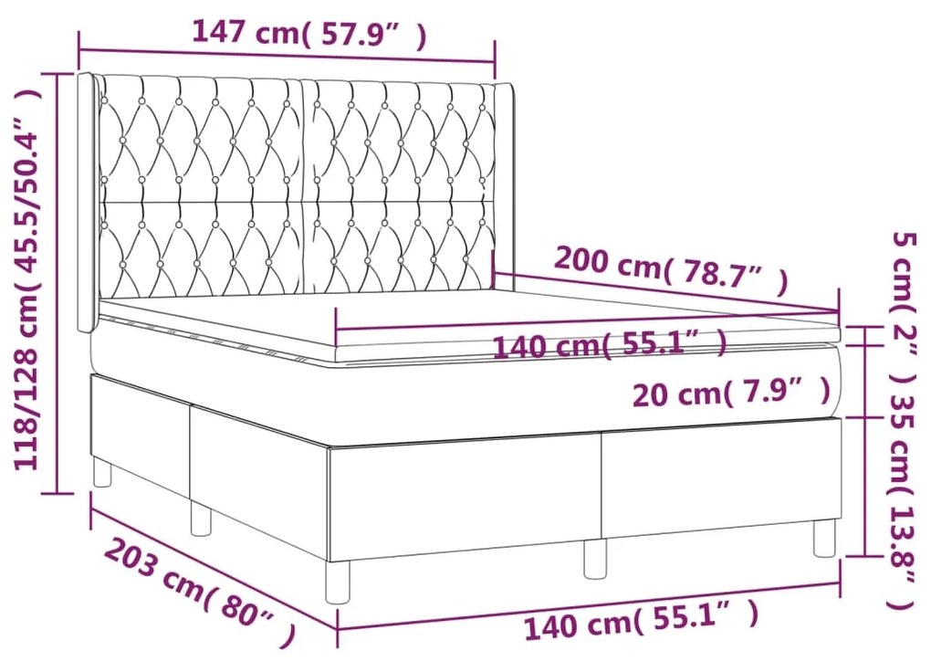 Letto a Molle con Materasso e LED Tortora 140x200 cm in Tessuto