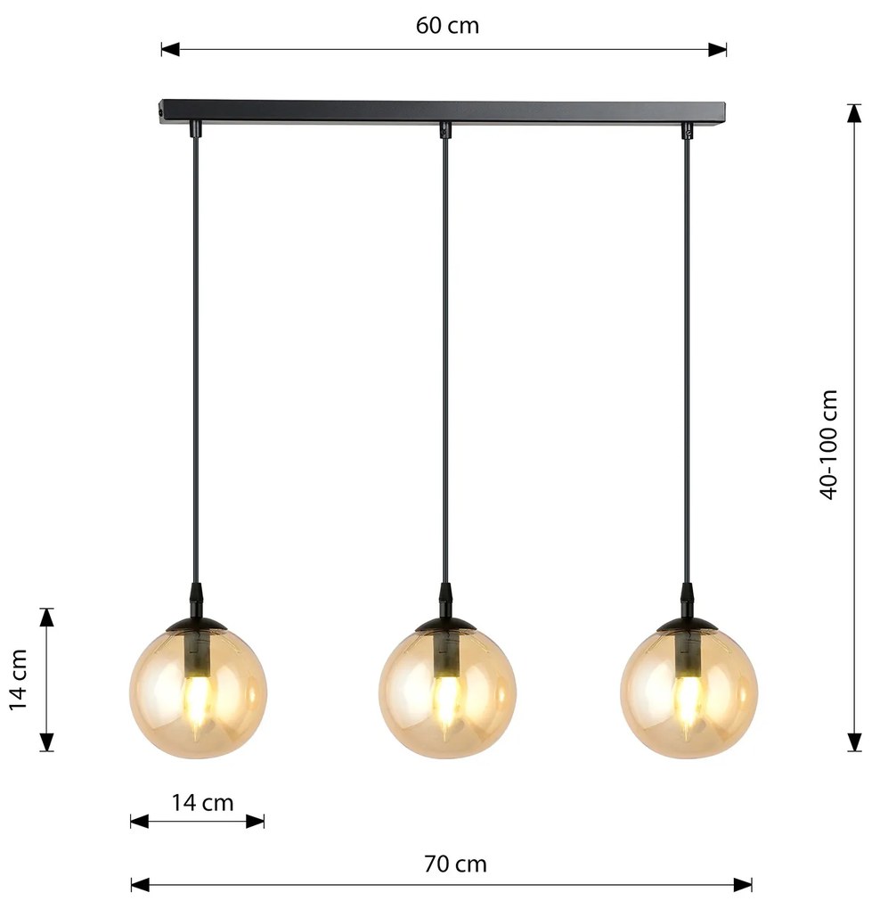 Sospensione Moderna 3 Luci Kali In Acciaio Nero E Sfere In Vetro Ambra