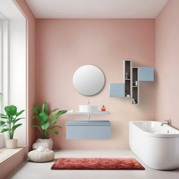 Mobile Bagno Sospeso 80 Cm Con Cassettone Blu Pastello Mensola Beton Lavabo E Specchio Aurora