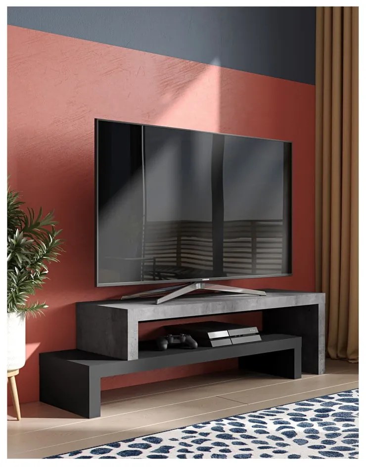 Tavolo TV doppio nero con decoro in cemento , 125 x 40 cm Cliff - TemaHome