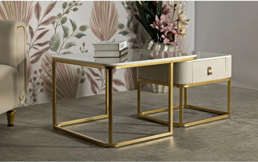 Set di tavolini da salotto color crema/dorati con effetto marmo 2 pz 50x70 cm Beauty – Mauro Ferretti