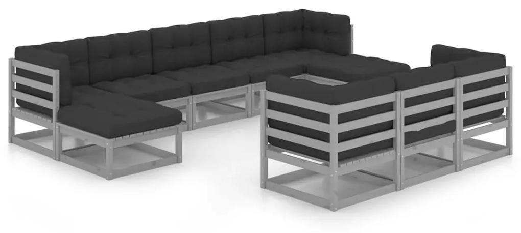 Set divani da giardino 10pz con cuscini grigio massello di pino