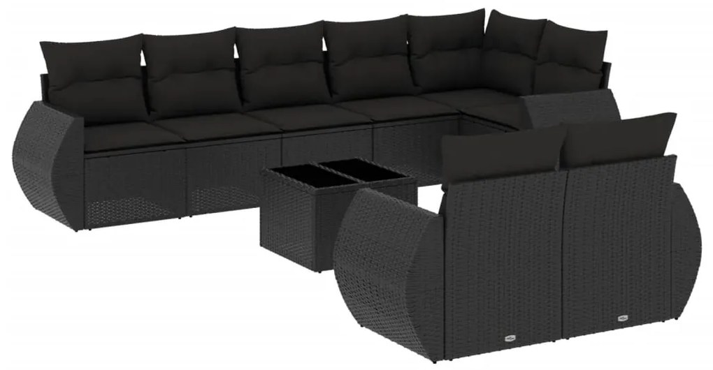 Set divani da giardino 9 pz con cuscini nero in polyrattan