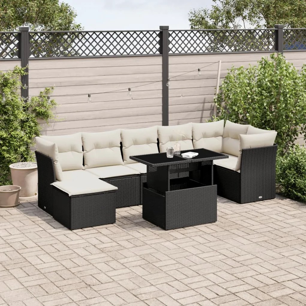 Set divani da giardino con cuscini 8 pz nero in polyrattan