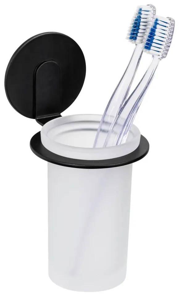 Bicchiere in vetro nero opaco autoportante per spazzolini da denti Bivio - Wenko