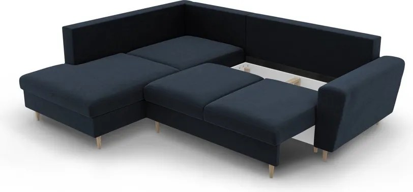 Divano angolare blu scuro allungabile e con contenitore (con penisola a sinistra/a L) con rivestimento in velluto Kyoto – Cosmopolitan Design