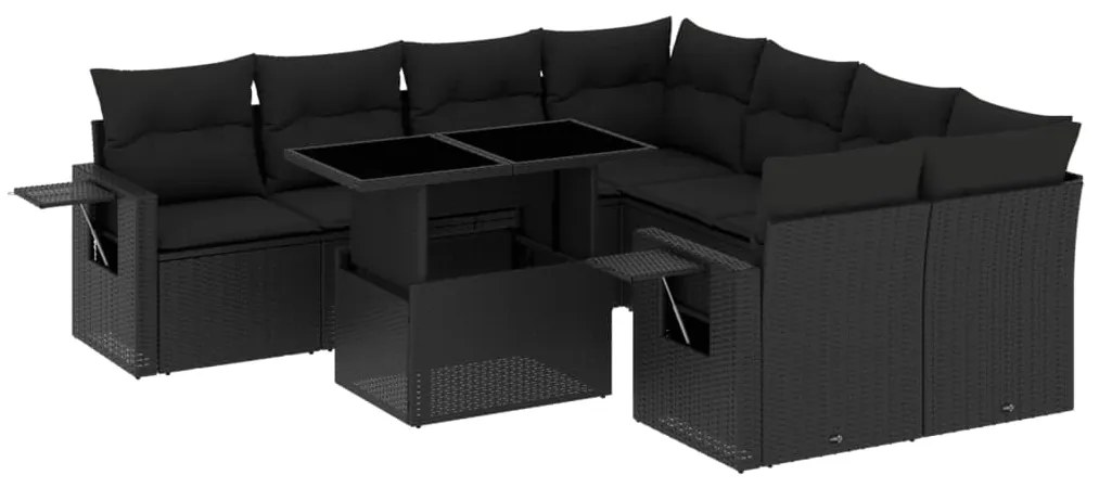 Set divani da giardino 9 pz con cuscini nero in polyrattan