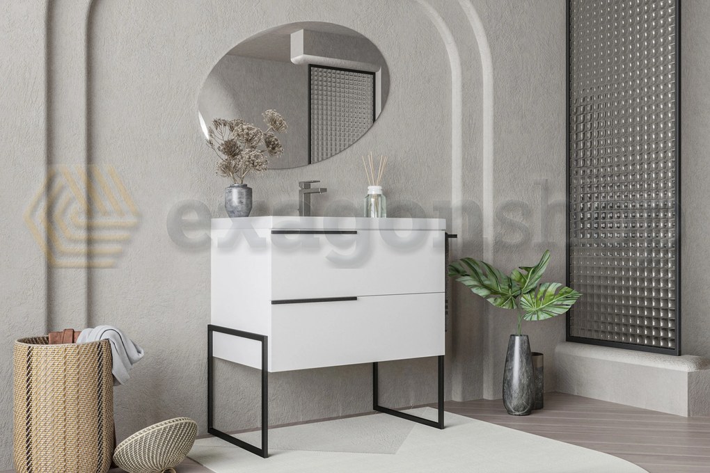 Mobile bagno Bianco Lucido 100x45 Venezia a pavimento due cassetti con portasciugamani e Lavabo