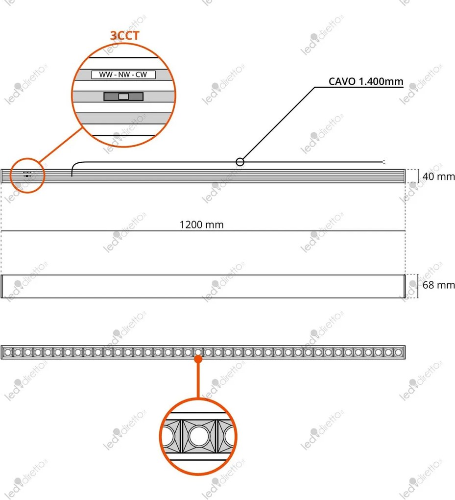 Plafoniera Lineare LED 40W 120cmDALI2 - driver Philips Bianca o nera