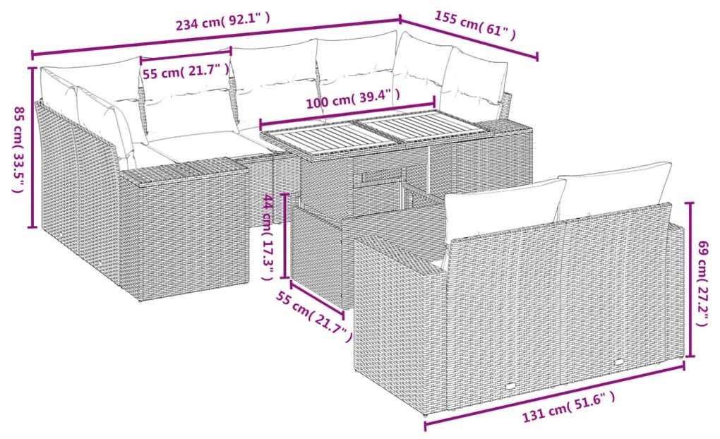 Set Divani da Giardino 11 pz con Cuscini in Polyrattan Nero